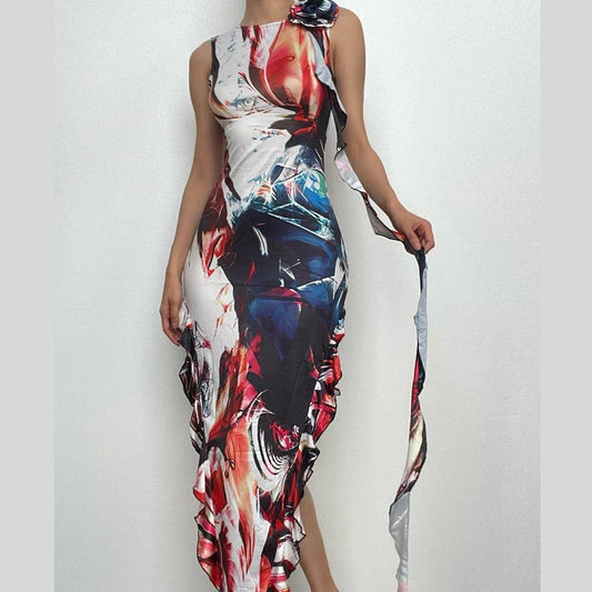 Ärmelloses Maxikleid mit Blumenapplikation und Kontrastdruck