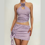 Solid halter flower applique hollow out textured mini skirt set