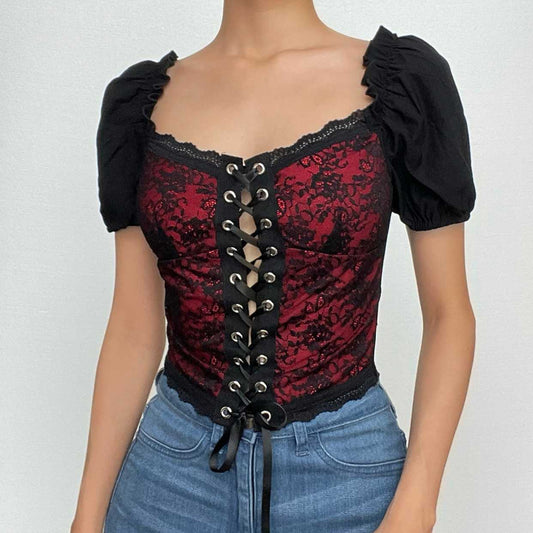 Puff sleeve contrast v neck lace patchwork lace up crop top