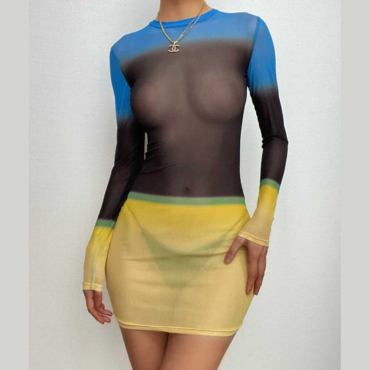 Durchsichtiges Minikleid aus kontrastierendem, transparentem Netzstoff mit langen Ärmeln und Rundhalsausschnitt 