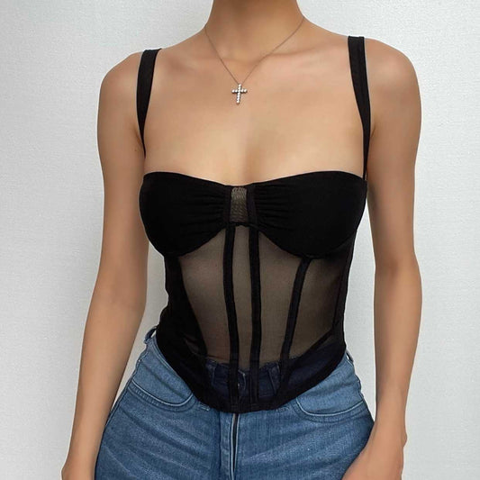 Top corto in rete trasparente con scollo quadrato, corsetto e schiena scoperta con arricciature