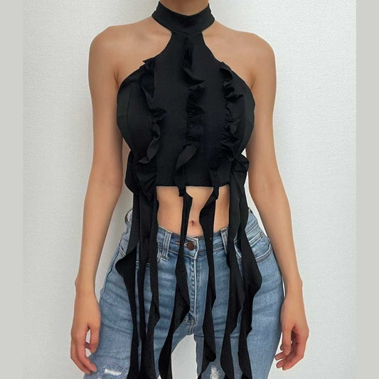 Neckholder-Crop-Top mit einfarbiger Rüsche, ärmellos, rückenfrei