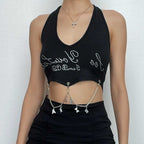 Halter beaded backless metal chain crop top