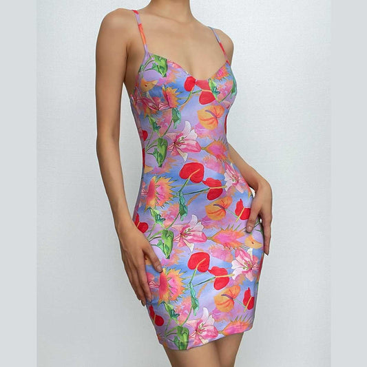 Tief ausgeschnittenes Camisole-Minikleid mit V-Ausschnitt und Blumenmuster in Kontrastfarbe 