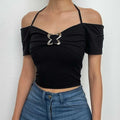 Off shoulder halter buckle short sleeve solid crop top