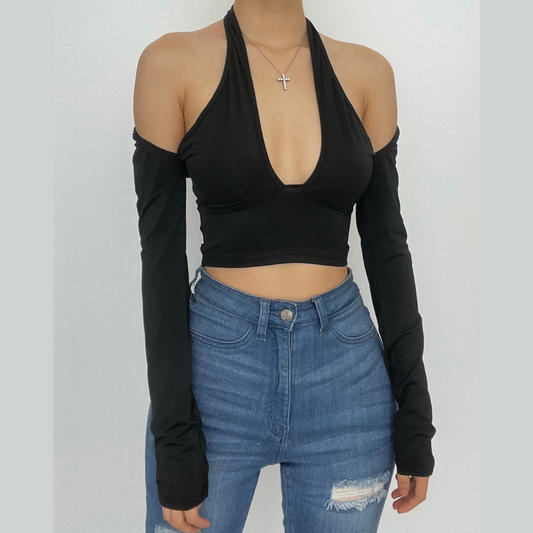 Top corto a maniche lunghe con scollo all'americana, incrocio sul davanti e traforato - Saldi finali 