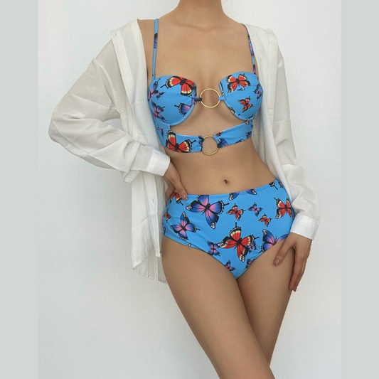 Costume da bagno bikini imbottito con canotta traforata e motivo a farfalla 
