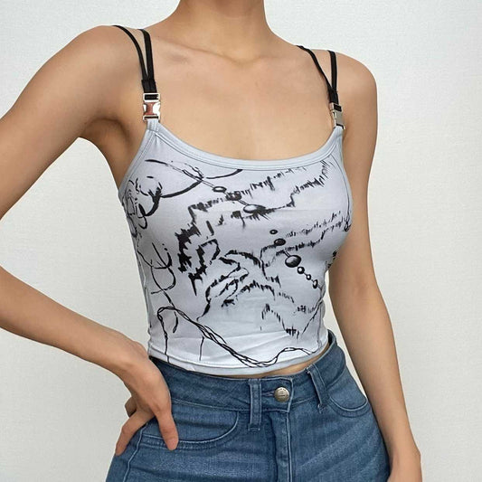 Rückenfreies Crop-Top mit gekreuzter Schnalle und U-Ausschnitt und Kontrastdruck 