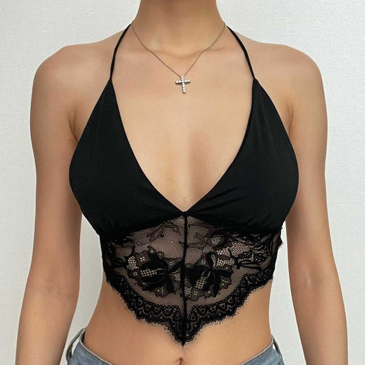 Rückenfreies Neckholder-Crop-Top zum Selbstbinden mit Spitzen-Patchwork und V-Ausschnitt