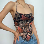 Mesh leaf pattern contrast ruched halter backless ruffle crop top - Final Sale