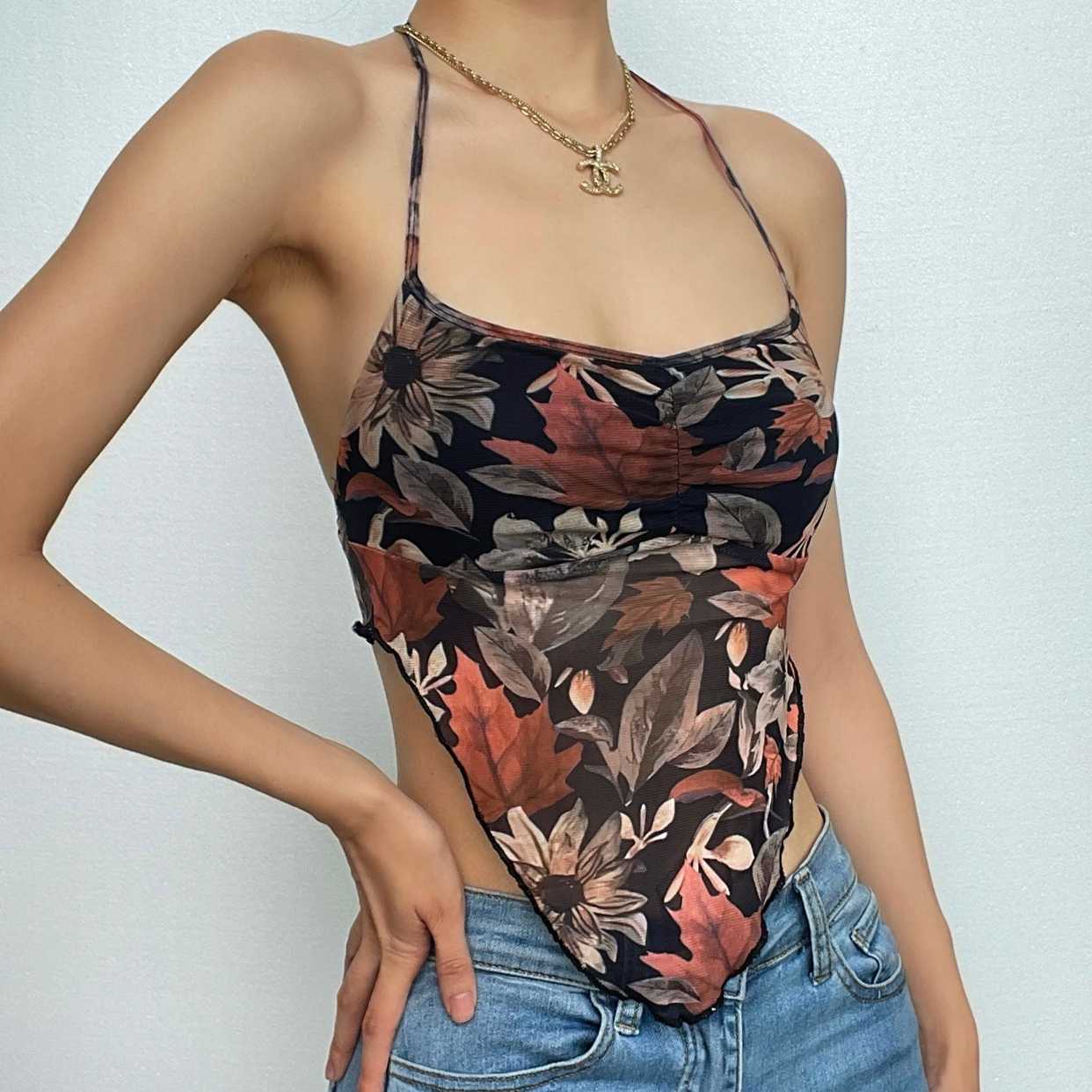 Mesh leaf pattern contrast ruched halter backless ruffle crop top - Final Sale