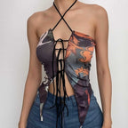 Halter self tie backless abstract contrast crop top
