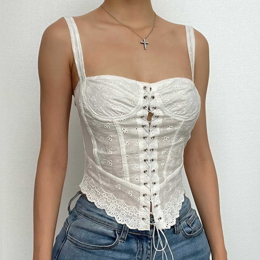 Einfarbiges, strukturiertes, ärmelloses, tief ausgeschnittenes, rückenfreies Crop-Top mit Schnürung