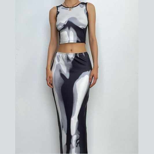 Body pattern contrast sleeveless crewneck maxi skirt set