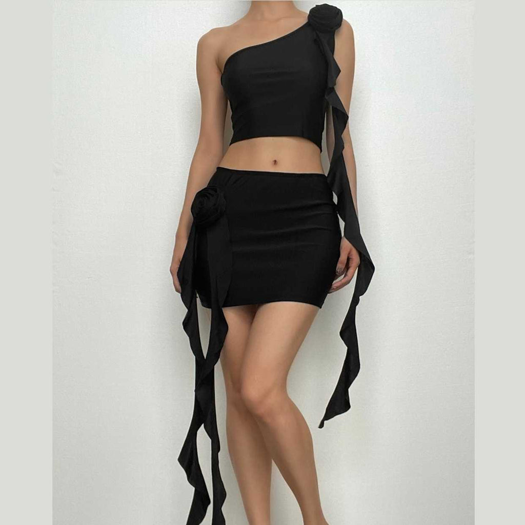 Irregular flower applique one shoulder solid mini skirt set