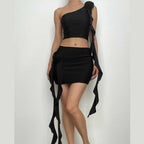 Irregular flower applique one shoulder solid mini skirt set
