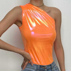 Ruched one shoulder solid metallic irregular bodysuit