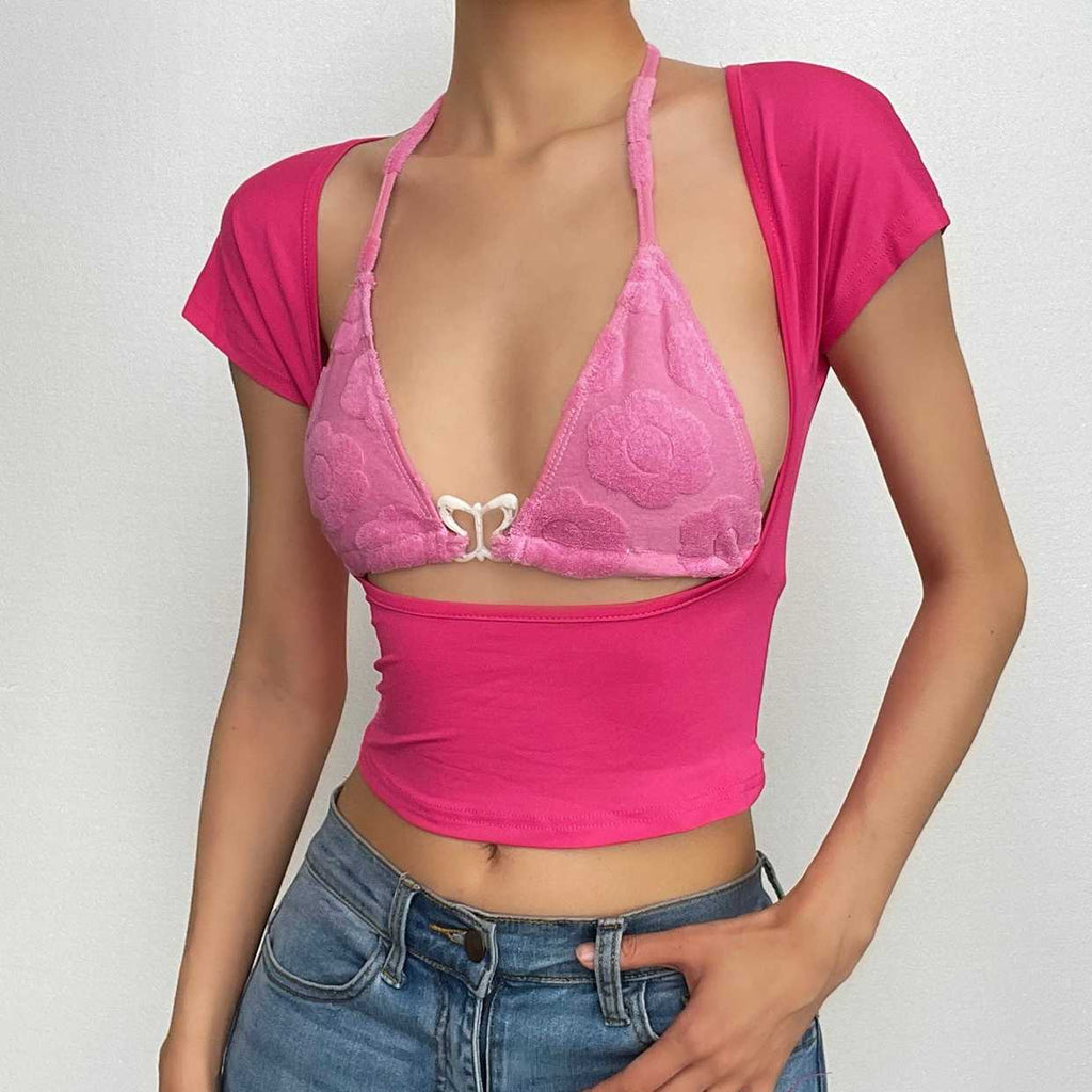 Butterfly Hollow Out Short Sleeve Crop Top