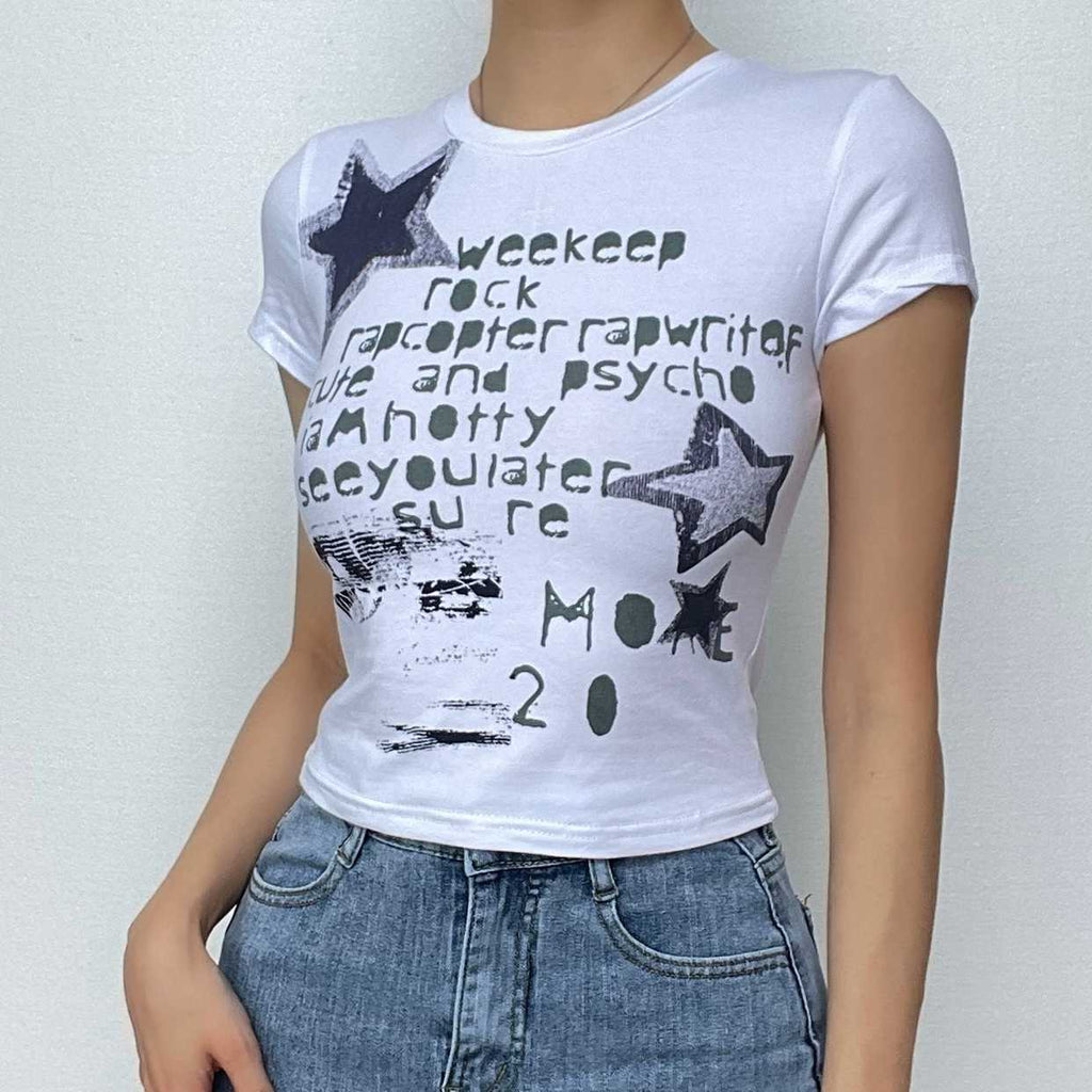 Star pattern contrast short sleeve crewneck crop top