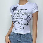 Star pattern contrast short sleeve crewneck crop top