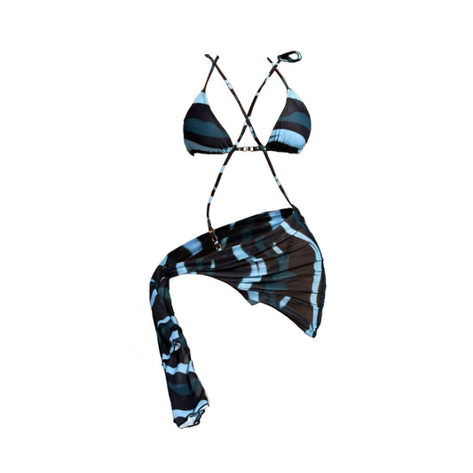 Contrast cross front self tie backless 3 piece swimwear