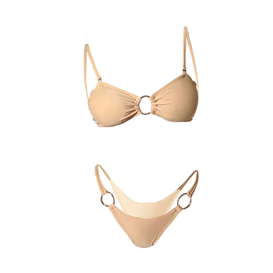 Costume da bagno bikini con canotta arricciata e anello a O solido 