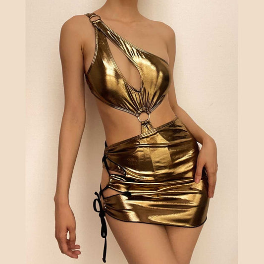 Metallic o ring lace up one shoulder one piece swimwear with beach skirt
