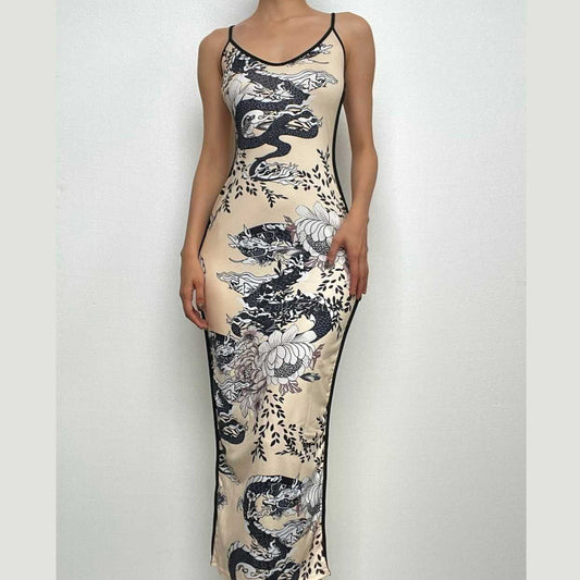 Rückenfreies Maxikleid mit V-Ausschnitt und Drachenmuster und Kontrast 