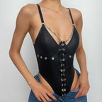 Metal chain lace up mesh low cut backless bodysuit