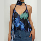 Sheer mesh contrast print halter v neck self tie ruffle crop top