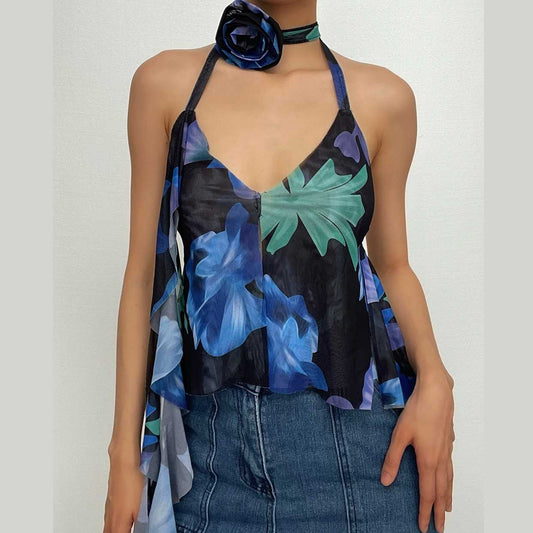 Neckholder-Crop-Top mit V-Ausschnitt und Rüschen zum Binden aus transparentem Netzstoff mit Kontrastdruck