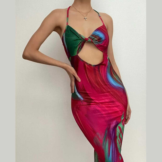Contrast print halter hollow out knotted backless maxi dress