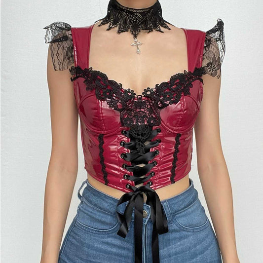 Cap sleeve v neck lace hem PU leather lace up crop top