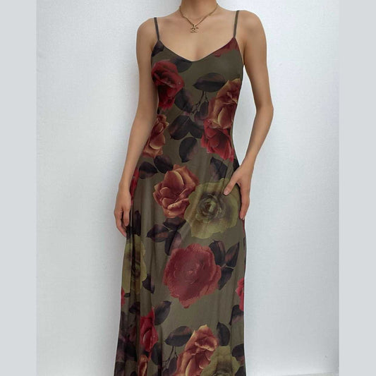 Flower print contrast v neck chiffon cami maxi dress