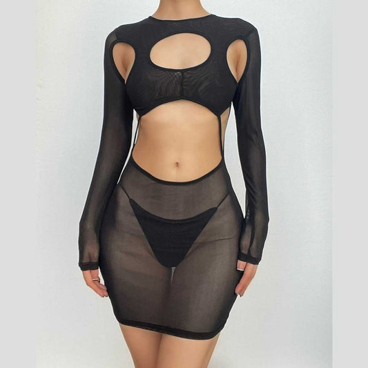 Langärmliges, durchsichtiges Minikleid aus transparentem Netzstoff mit Aussparungen 