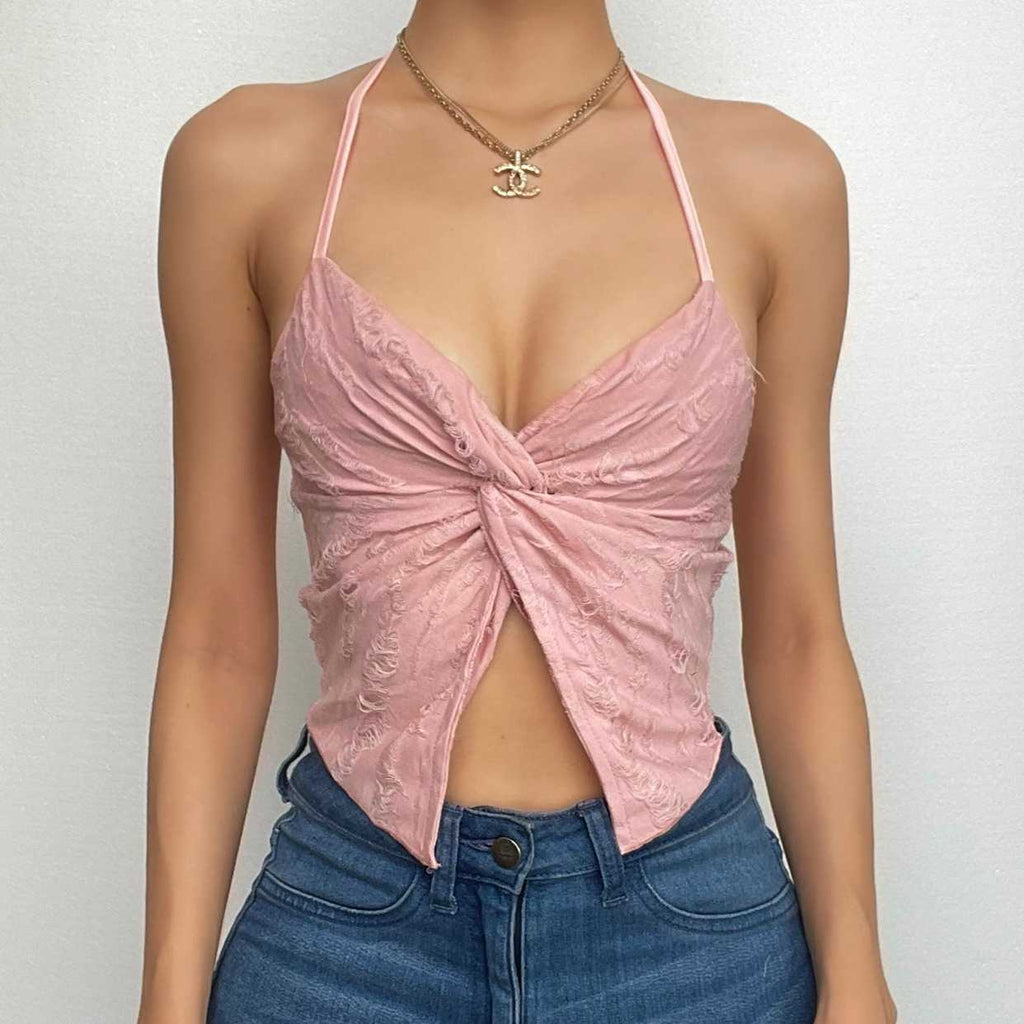 Top corto con spacchi annodati e scollo a V con allacciatura all'americana 