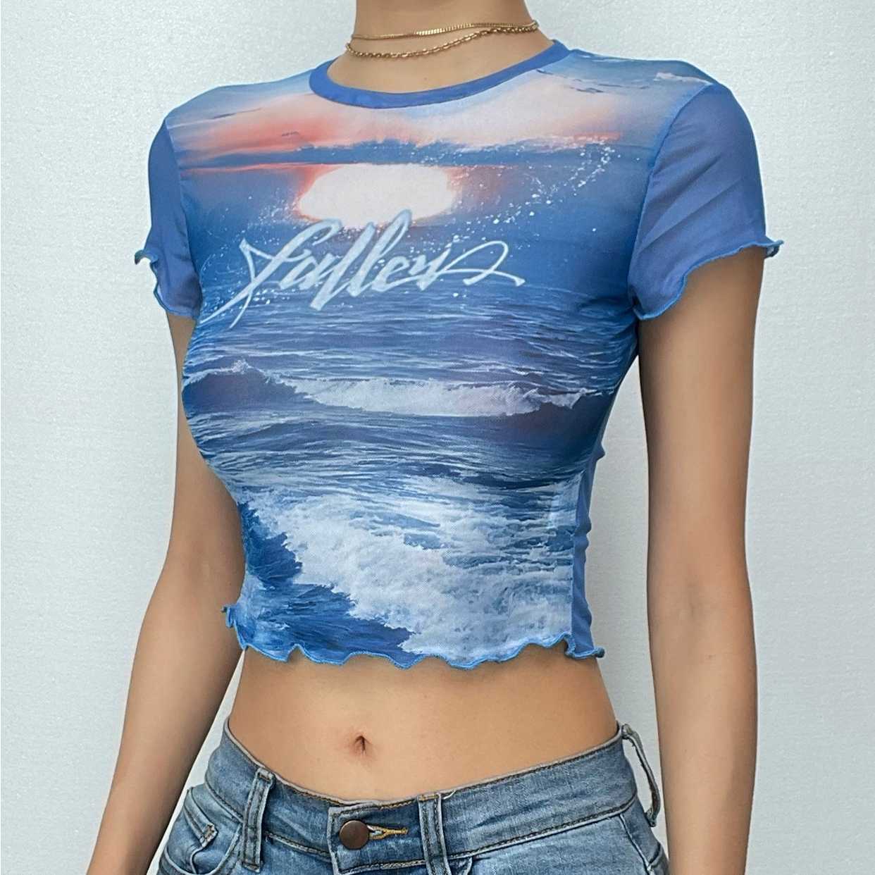 Short sleeve sheer mesh see through ruffle contrast print crop top