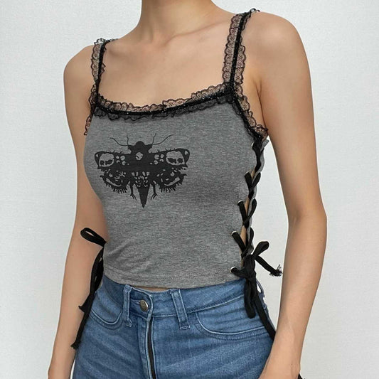 Lace hem backless lace up butterfly pattern contrast crop top