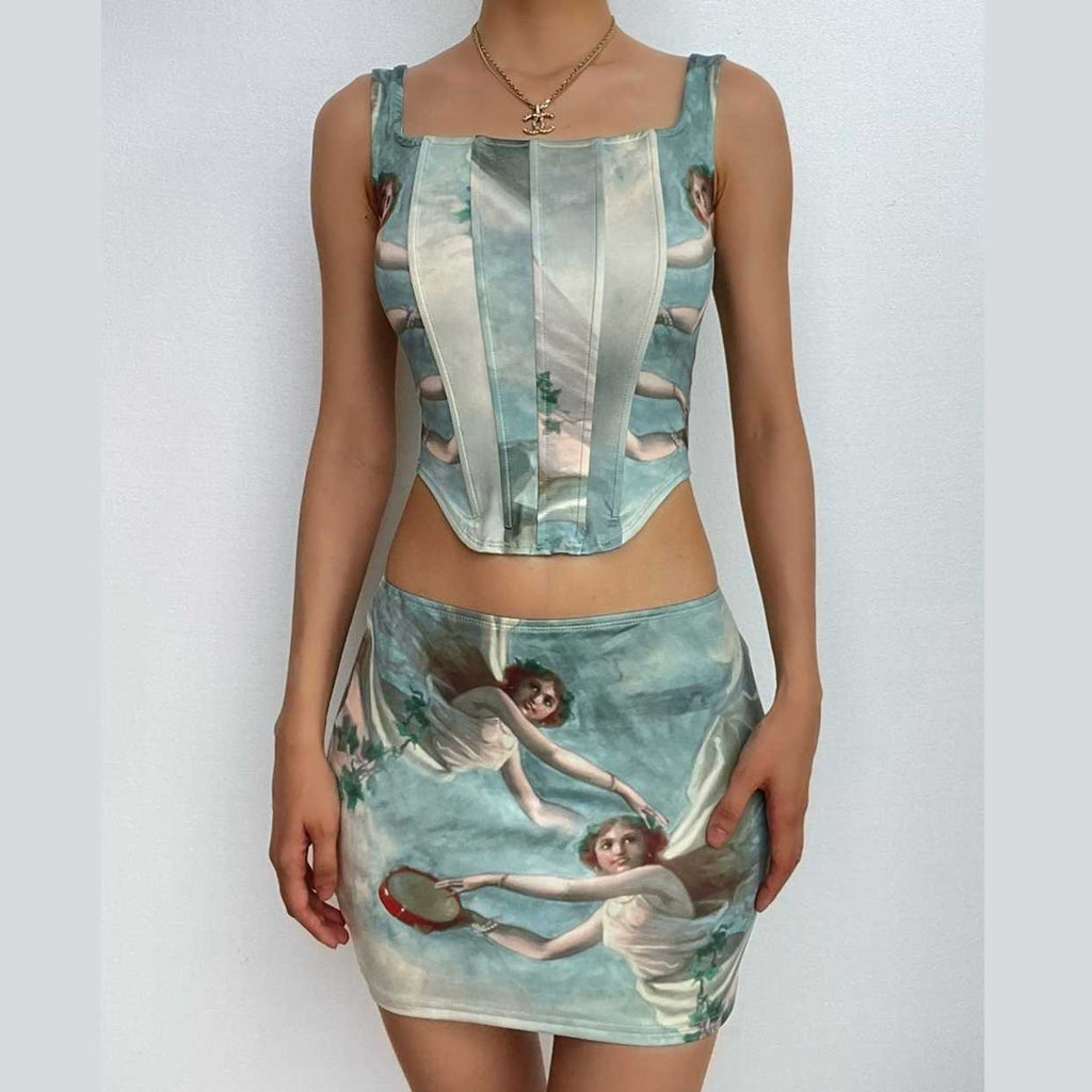 Square neck corset abstract print sleeveless backless mini skirt set