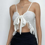 Irregular backless tassels self tie solid cami crop top