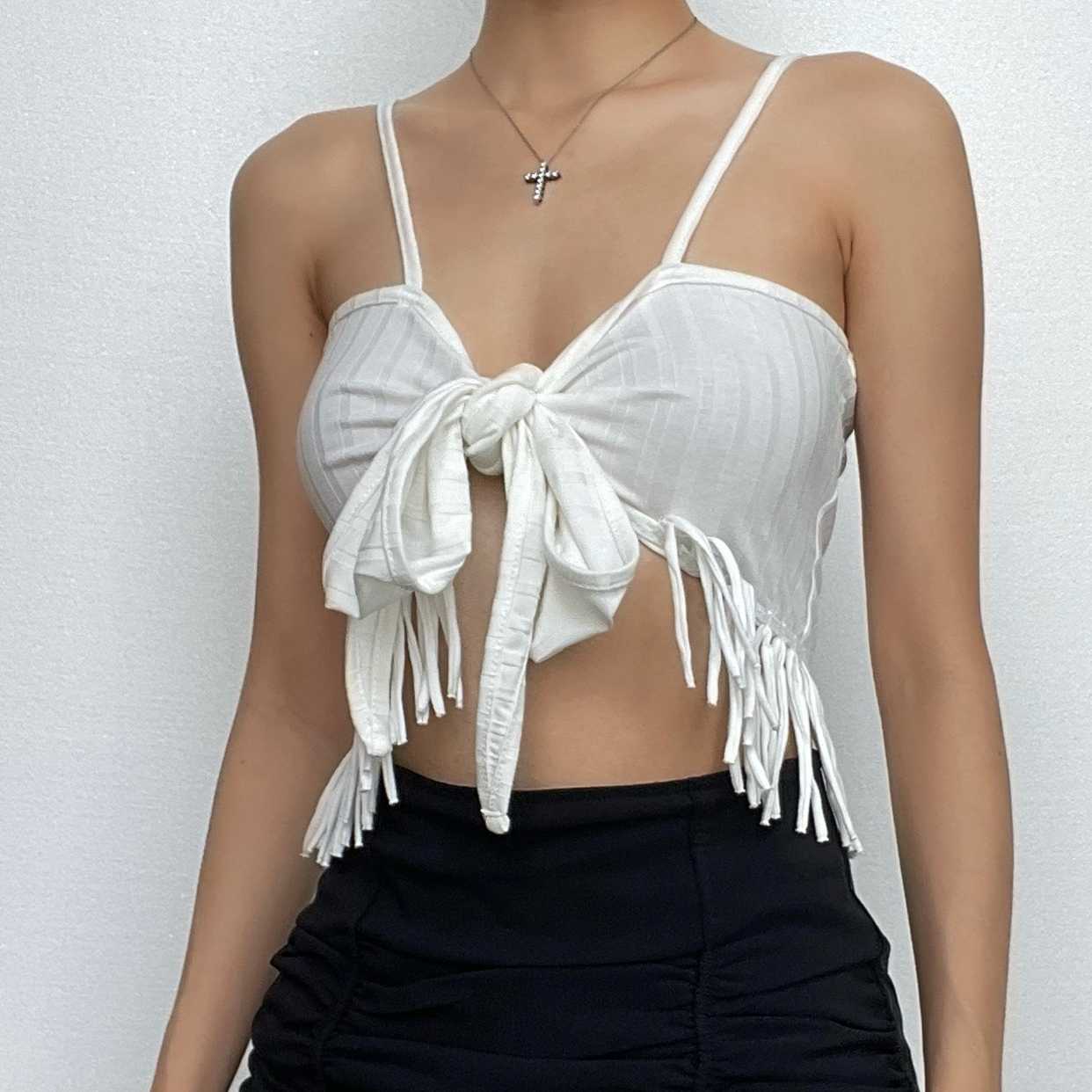 Irregular backless tassels self tie solid cami crop top