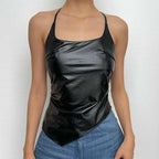 Self tie halter backless irregular PU leather square neck top