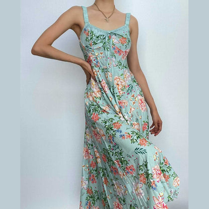 Ärmelloses Midikleid mit Blumenmuster, Rüschen und Selbstschnürung, kontrastierendem Schlitz und Reißverschluss