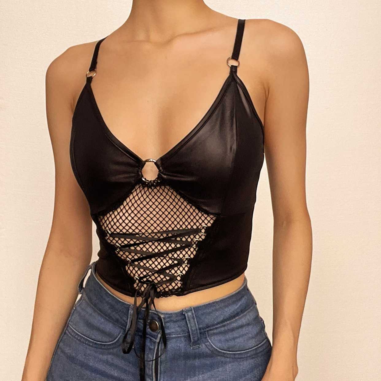 Backless v neck o ring lace up fishnet hollow out solid cami crop top