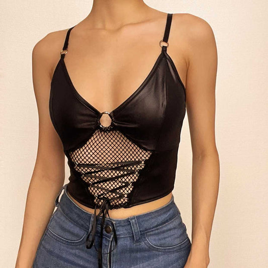Backless v neck o ring lace up fishnet hollow out solid cami crop top