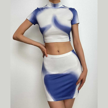 Short sleeve high neck contrast body print mini skirt set