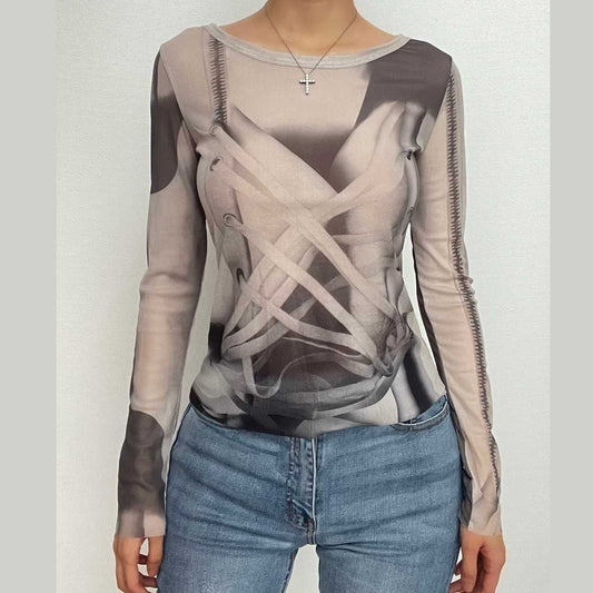 Long sleeve contrast sheer mesh top