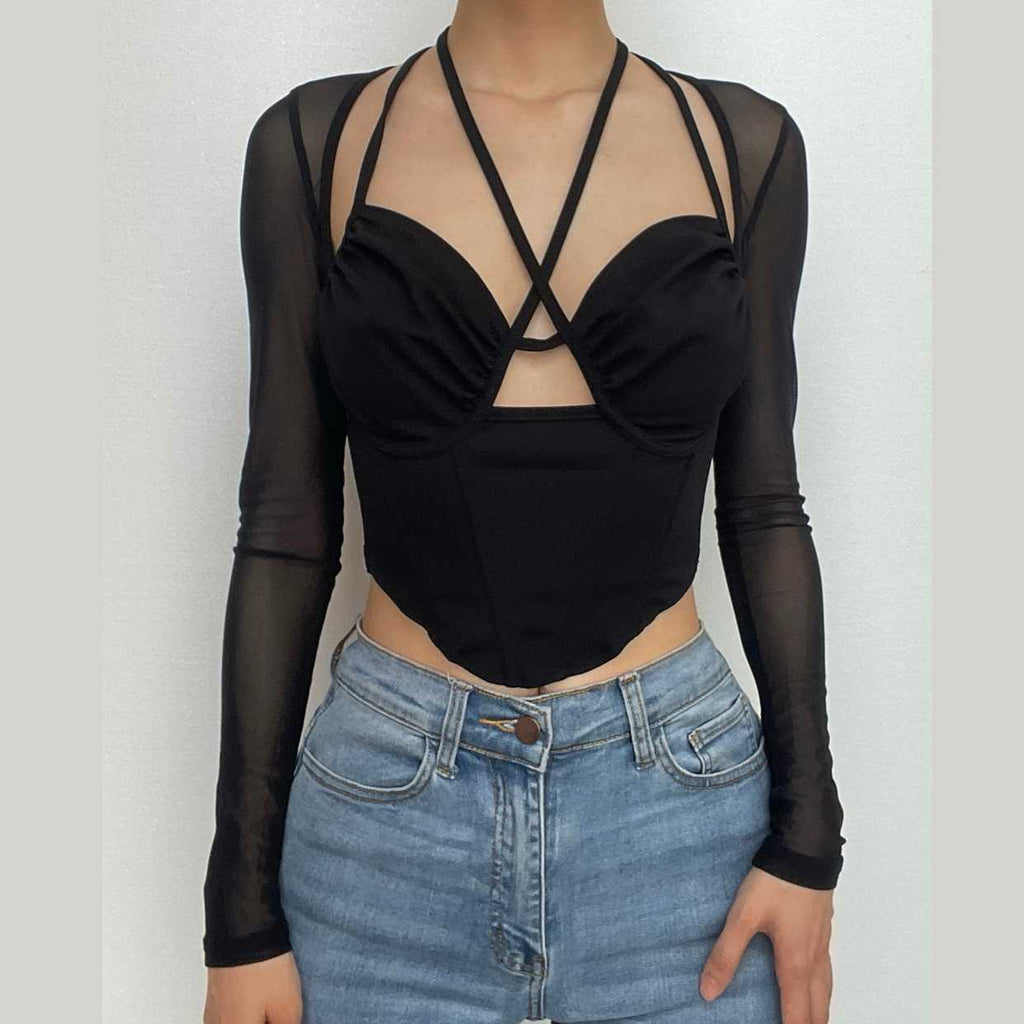 Top corto con corsetto in rete traforata e maniche lunghe - Saldi finali 