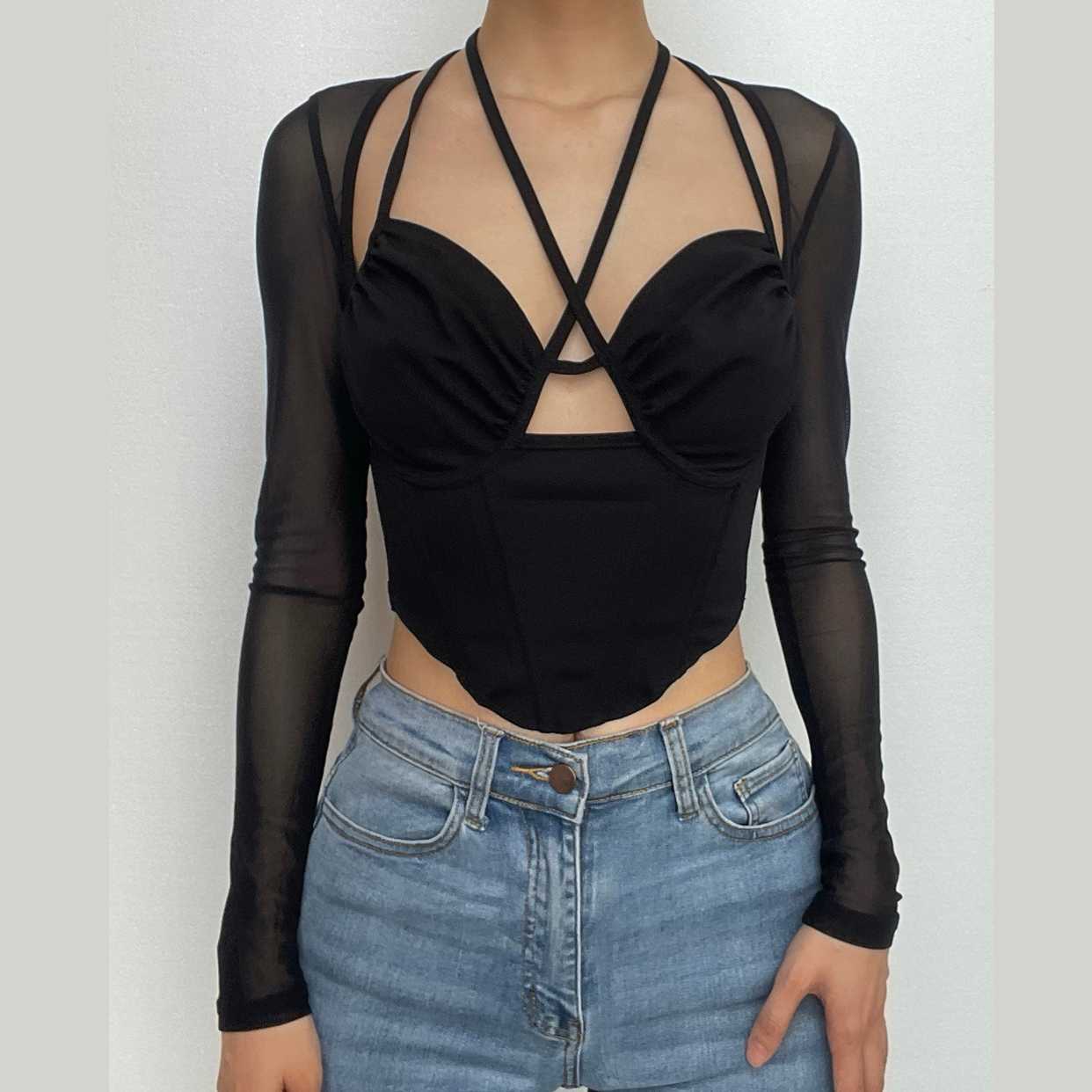 Top corto con corsetto in rete traforata e maniche lunghe - Saldi finali 