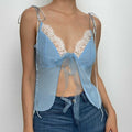 Lace hem backless chiffon self tie contrast crop top